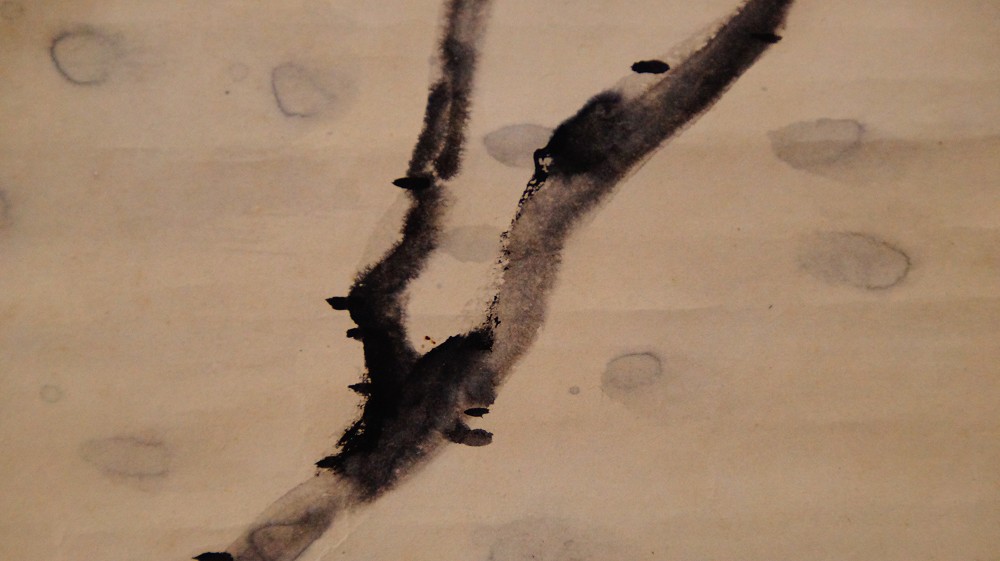 Close-Up of a Branch Painted with Few Ink Strokes from the Kakemono by Tanaka Kakashi