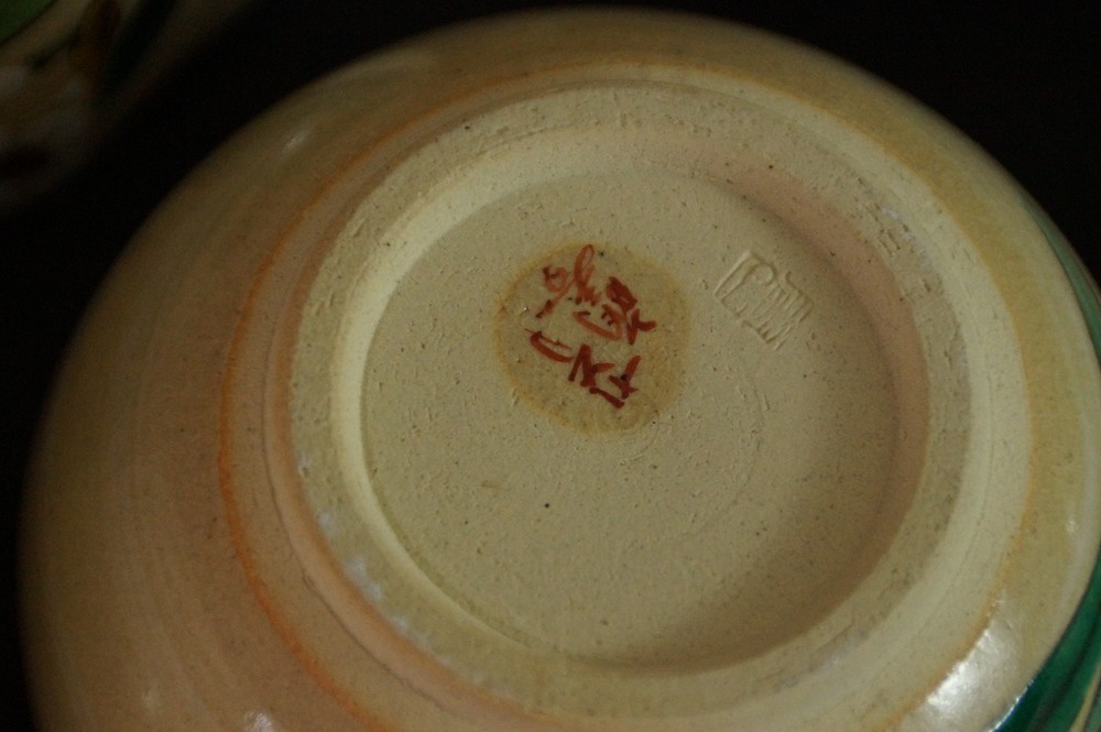 Set of five tea bowls made of Kutani porcelain potter's mark close-up