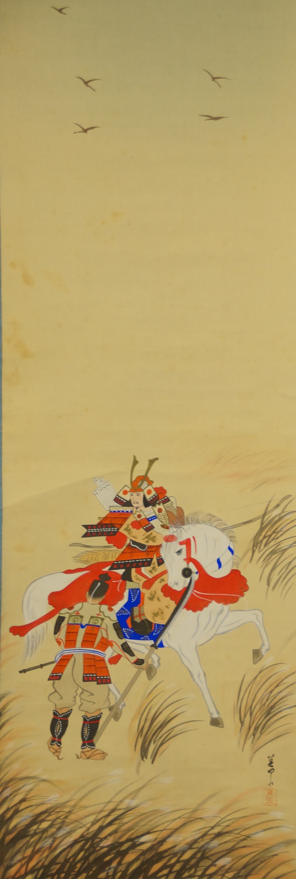 Overall motif of the mounted samurai in autumn grass without mounting