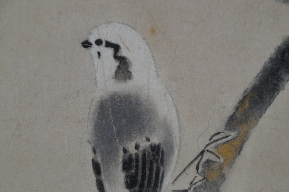 Extreme Close-Up of the Bird's Head and Plumage in the Hanging Scroll Plum Blossoms in Quiet Early Light by Tokuoka Shinsen