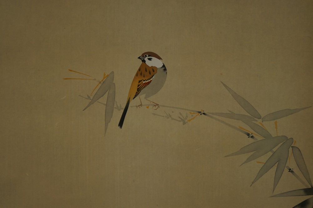 Single sparrow on bamboo branch motif close-up 1