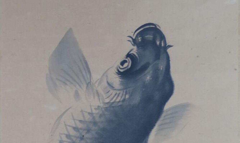 Kakemono by Gyokusha Shunki: leaping carp in water, in ink and color.
