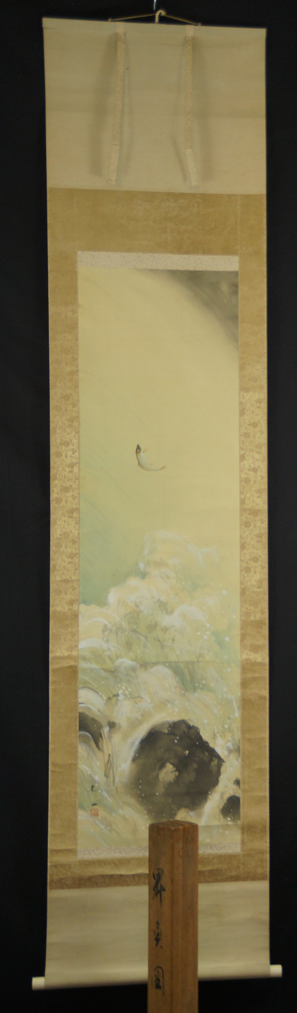 Leaping Fish at a Waterfall by Taizan Tatewaki Overall View Hanging Scroll