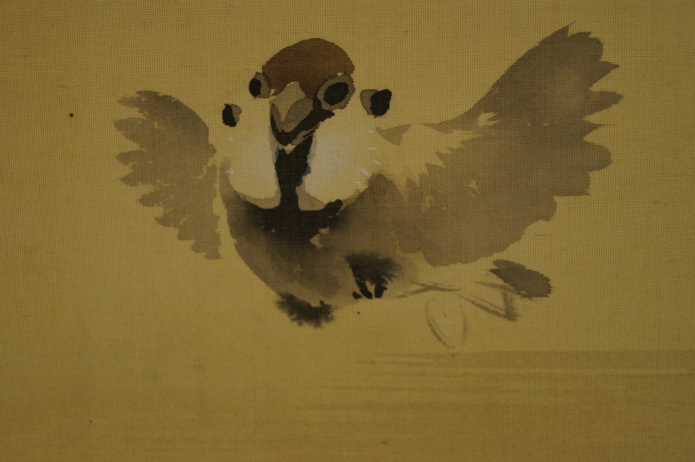 Japanese Hanging Scroll Sparrow and Sakura Feather Motif Close-Up