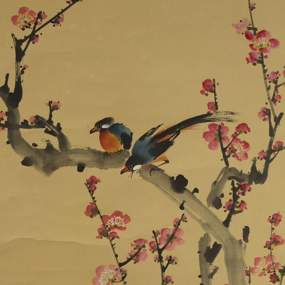 Two birds on a blooming plum branch motif close-up preview
