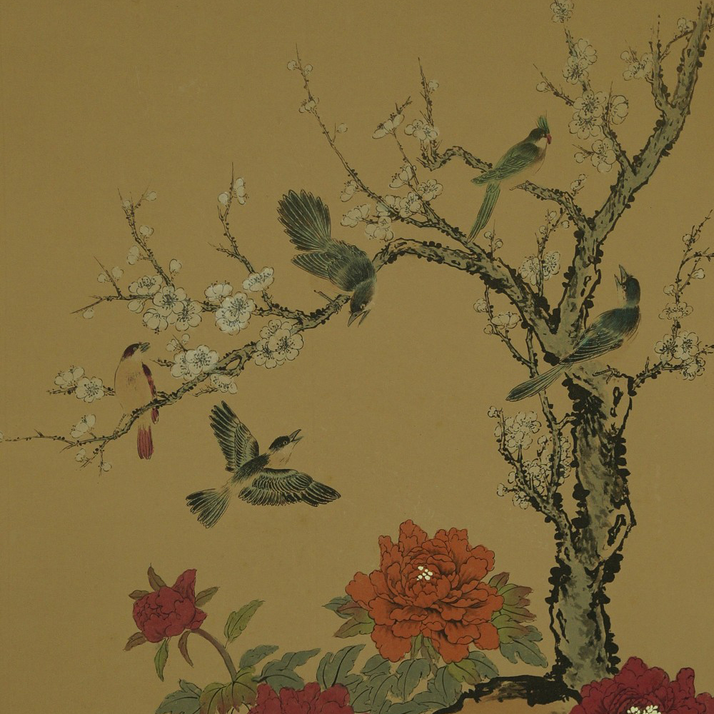 Kakemono Peonies and Sakura Motif Close-Up Preview