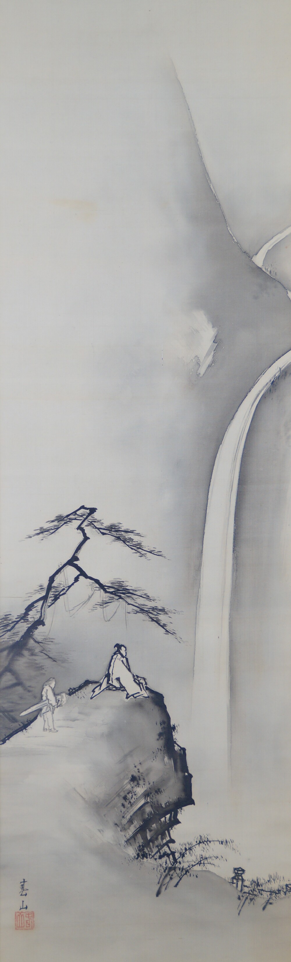 Scholar on a rocky outcrop and servant with sword at the roaring waterfall in the hanging scroll Encounter at the Edge of the Waterfall by Yagioka Shunzan with artist's signature and red seal