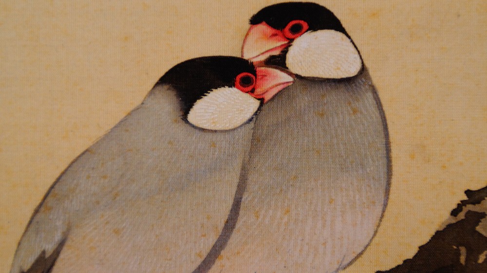 Extreme Close-Up of the Two Birds' Heads Nestled Close Together in the Hanging Scroll Spring Awakening Two Birds on a Blossoming Cherry Branch