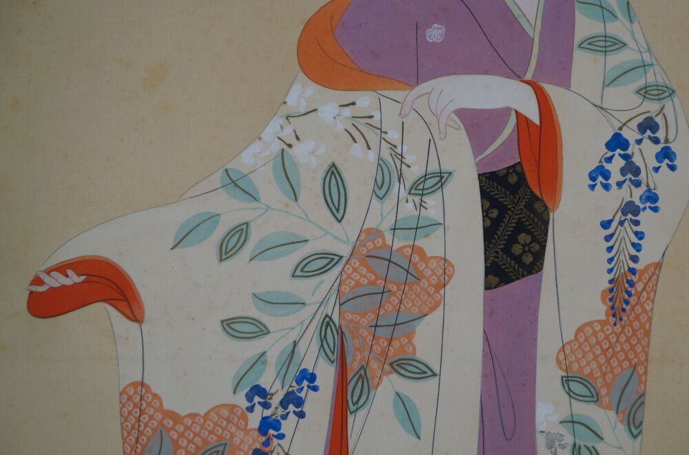 Close-up of the kimono pattern with wisteria and blossom branches in the Kakemono Young Woman in Front of Her Kimono Cabinet