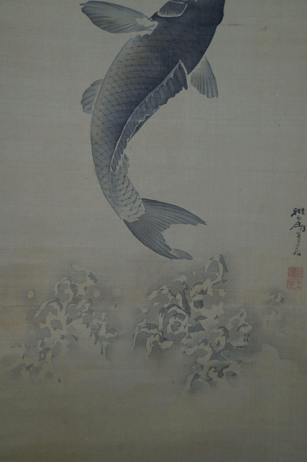 Further view of the full motif with koi, tail fin and spray in the Hanging Scroll Koi at the Waterfall, without mounting