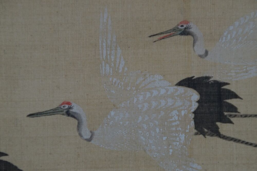 Further close-up of two flying cranes in the Kakemono Cranes in Flight over Bamboo