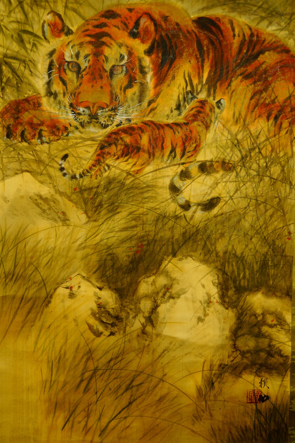 Tiger and cub hanging scroll by Tamaoki Raiseki tiger motif close-up 2