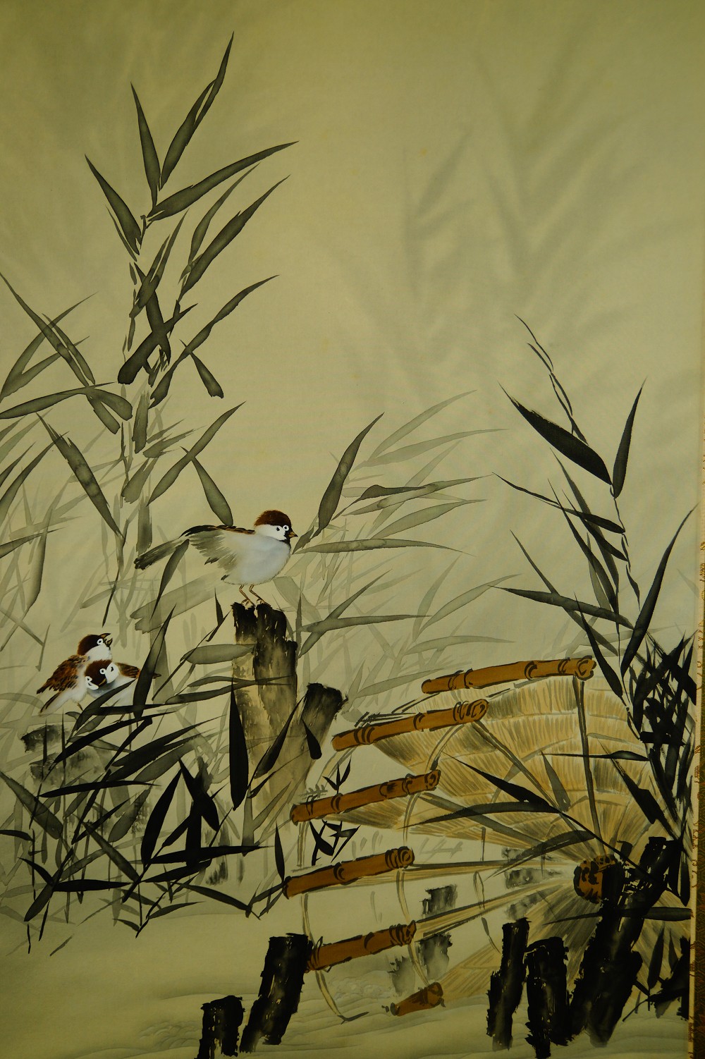 Sparrows at the Water Wheel by Noda Setsun Bamboo Motif Close-Up