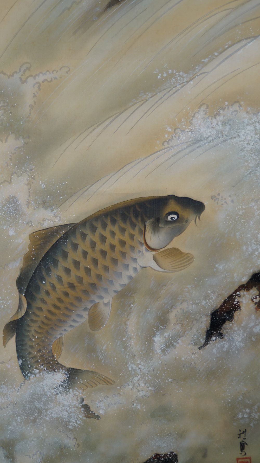 Close-up of the carp leaping from the spray in the hanging scroll Carp in Turbulent Waterfall