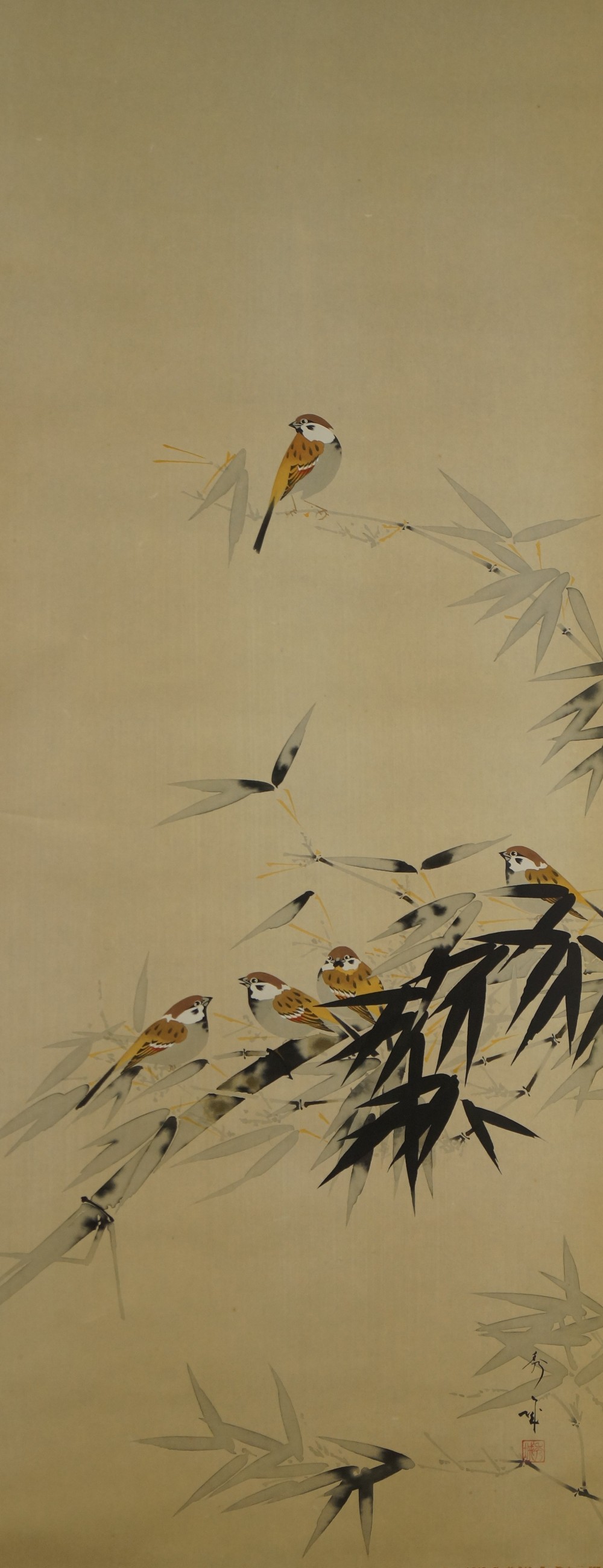 Painted Motif Sparrows on Bamboo Bush Without Mounting