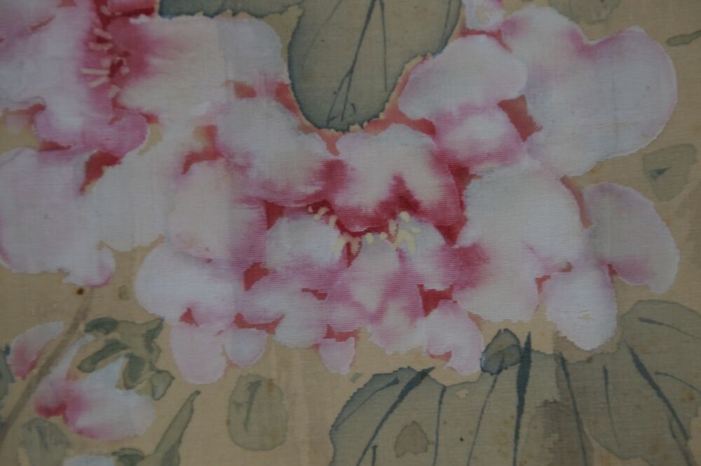 Detail view of the ink texture in the background with red seal in the hanging scroll White Heron Among Blossoms and Reeds