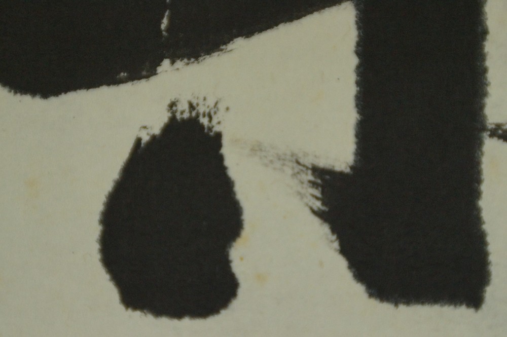 Close-up of the thick, irregular brushstrokes with visible ink texture