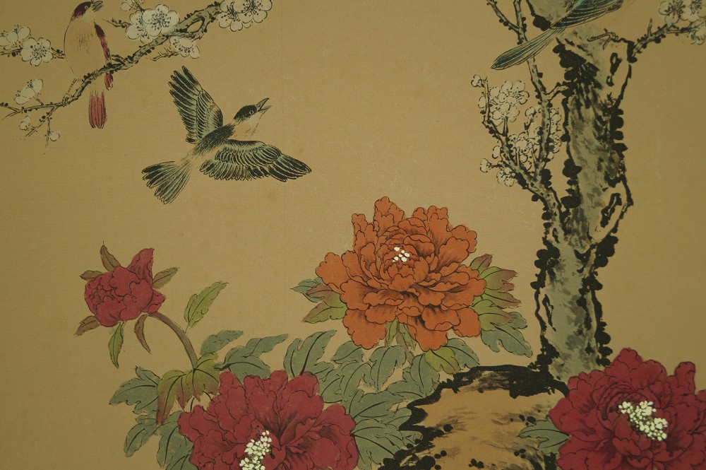 Kakemono Peonies and Sakura Birds Motif Close-Up 2