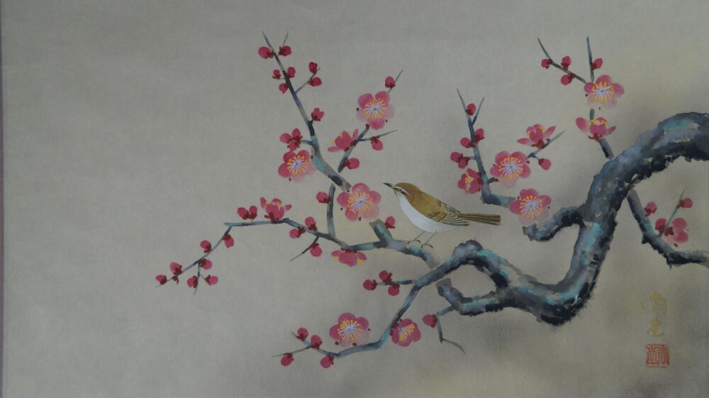 Full motif of the Kakemono Songbird on Blossoming Plum Tree with bird and plum branch, without mounting