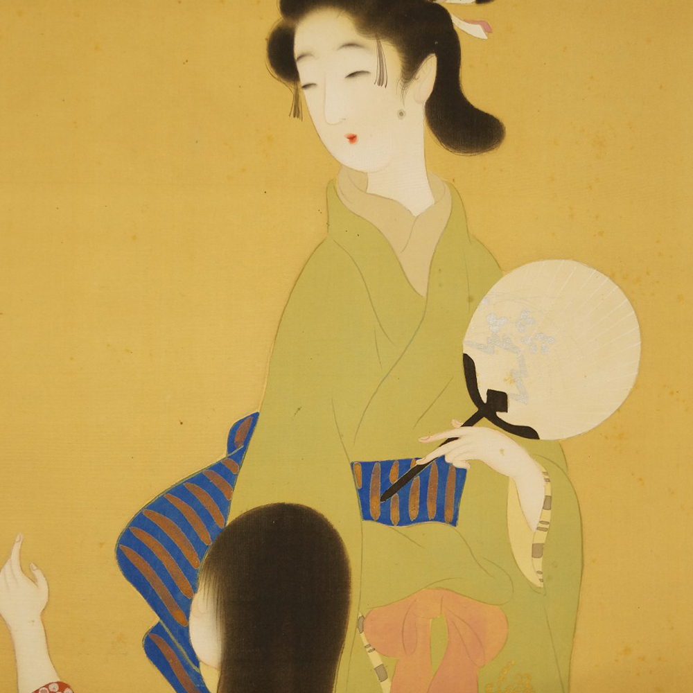 Mother with Round Fan and Daughter under Flying Fireflies Motif Close-Up Preview