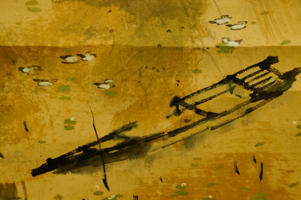 Idyllische Flusslandschaft Kakemono von Sano Mitsuho Boot-Motiv Nahaufnahme 2