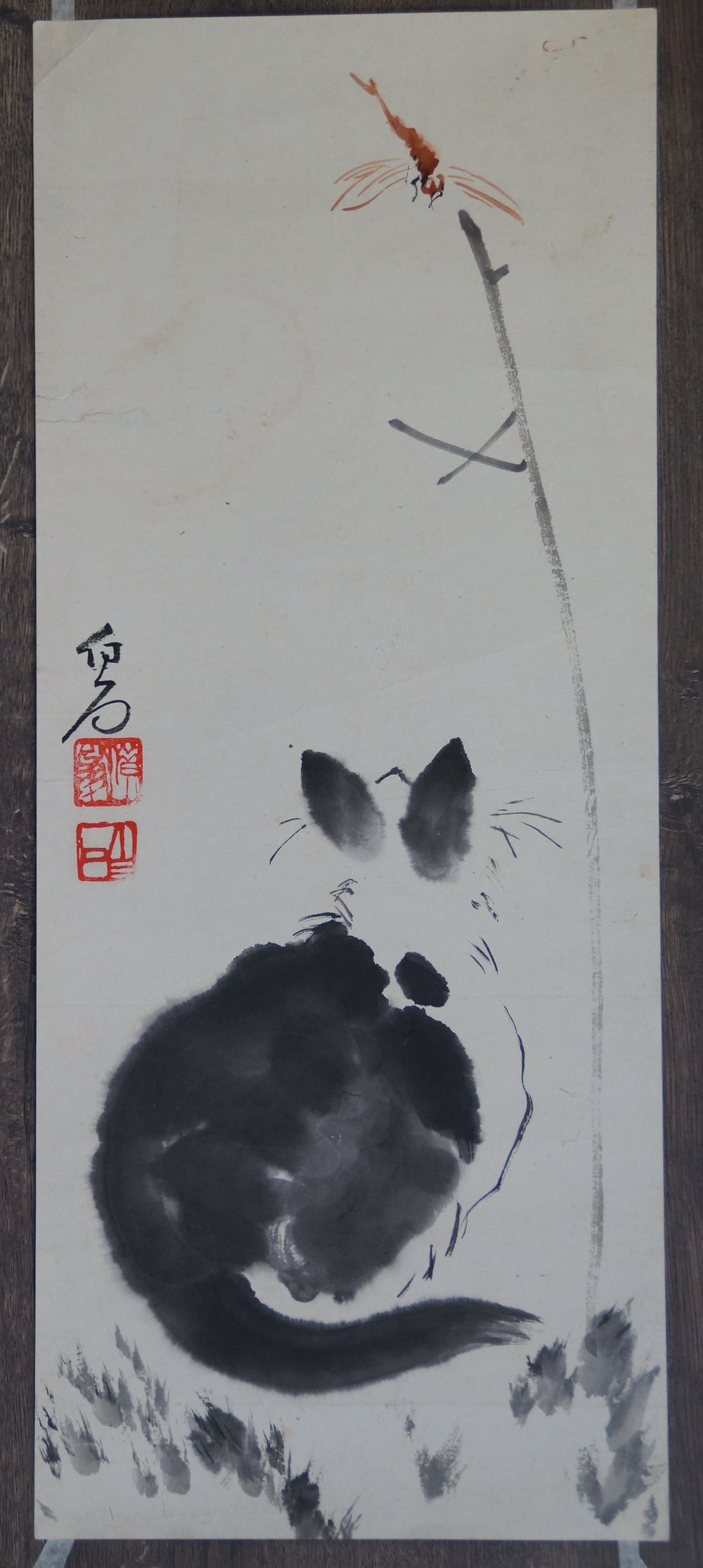 Black cat and dragonfly in ink as an unmounted makuri in full view
