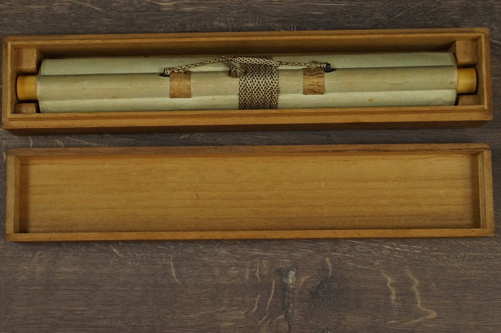 Japanese hanging scroll cranes by Nakajima Raisho rolled up in storage box