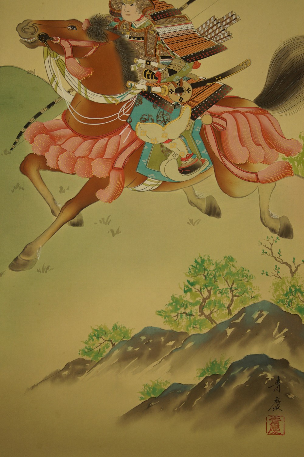 Samurai warrior hanging scroll landscape close-up