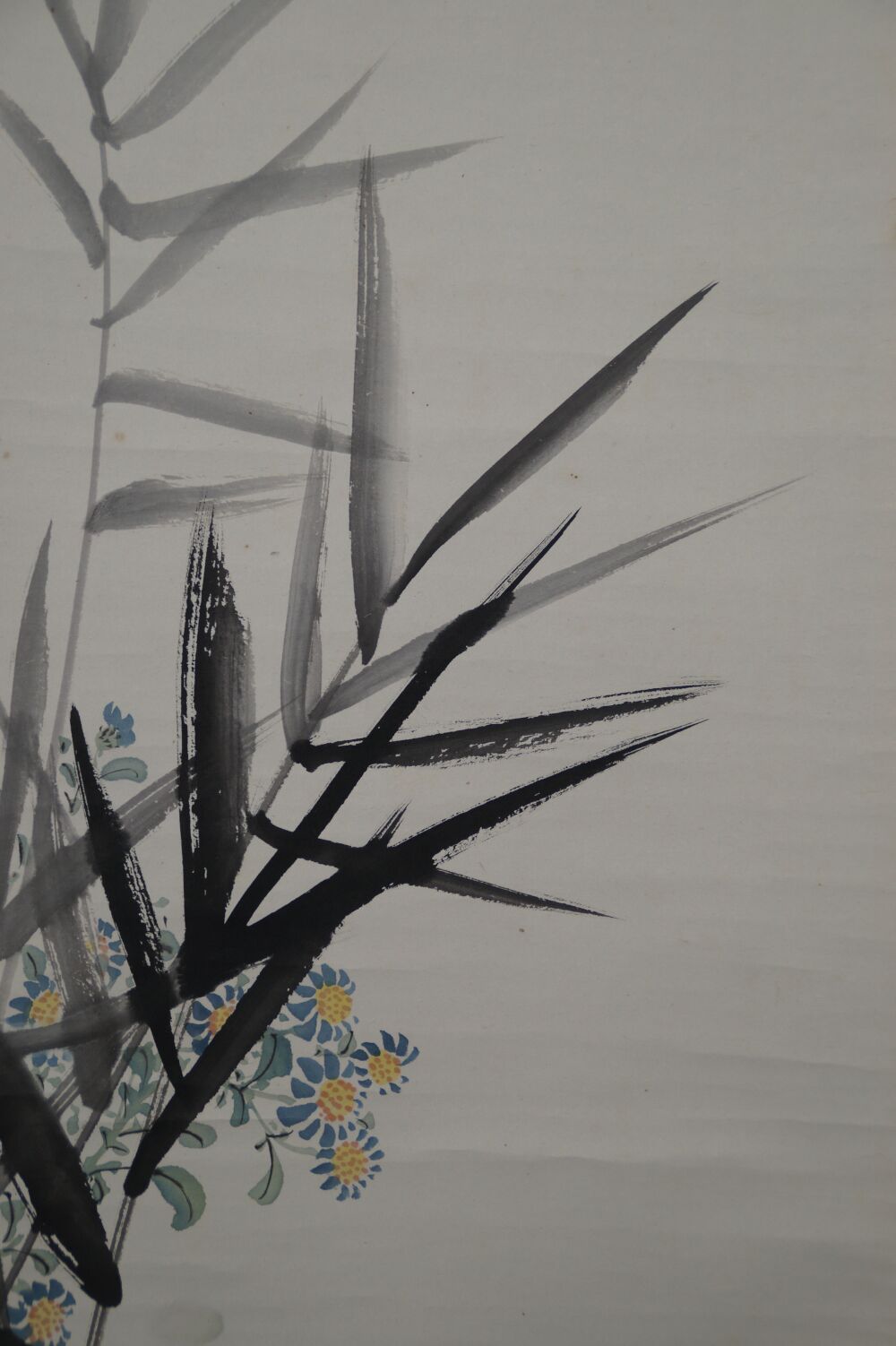 Further detail view of bamboo leaves and asters in the Kakemono Kingfisher in Dive