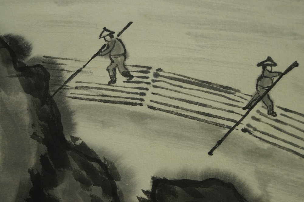 Landscape with waterfall and raftsmen close-up of the two raftsmen on the raft raftsman motif close-up 2