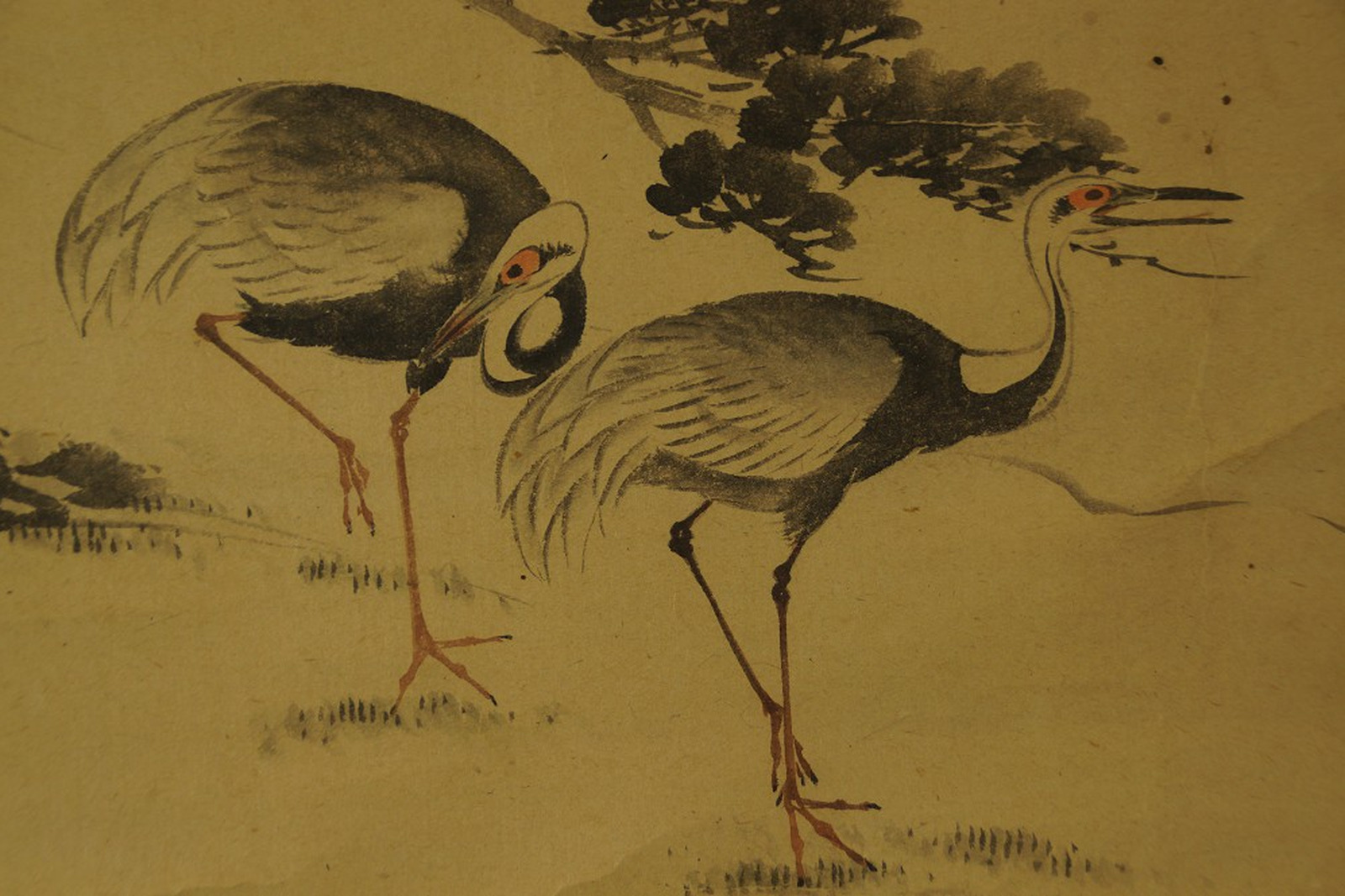 Two cranes in ink beneath a pine branch on gold-toned paper, detail of a Japanese hanging scroll