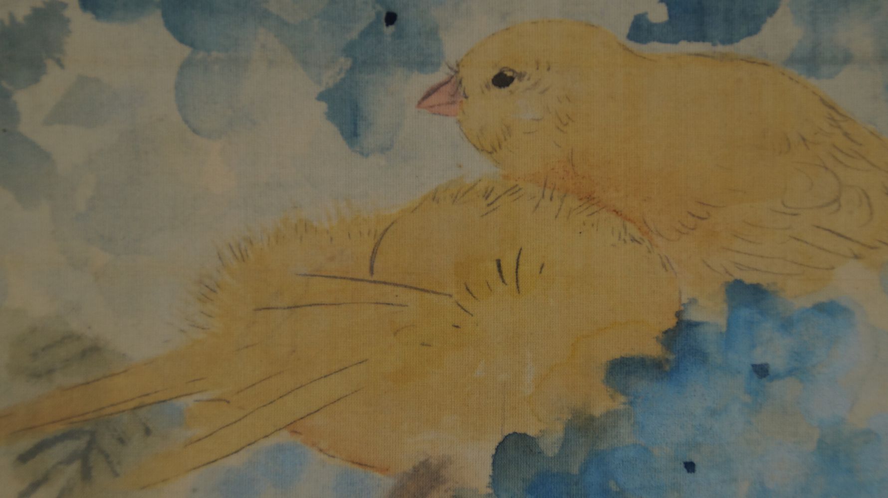 Extreme close-up of the head of one of the yellow birds in the hanging scroll Hydrangeas in Early Summer Light