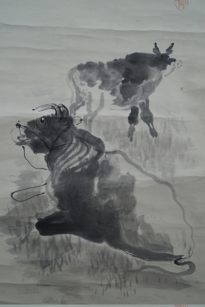 Two bulls close-up of both animals in ink painting motif close-up