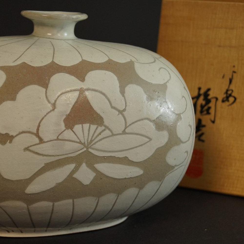 Kyoto Ware Vase with Incised Peony Motif Next to Storage Box Motif Close-Up Preview