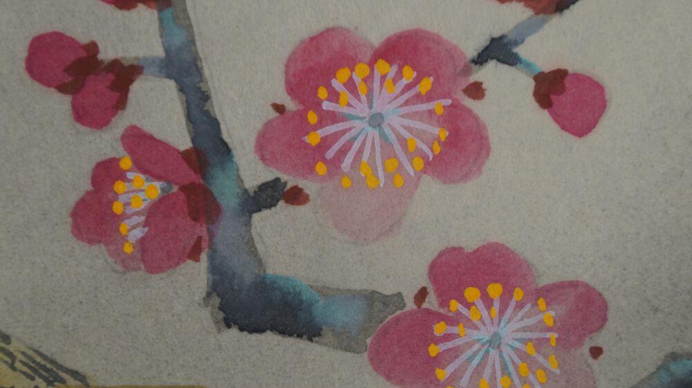 Additional Close-Up of the Plum Blossoms with Yellow Stamens in the Kakemono Songbird on Blooming Plum Tree