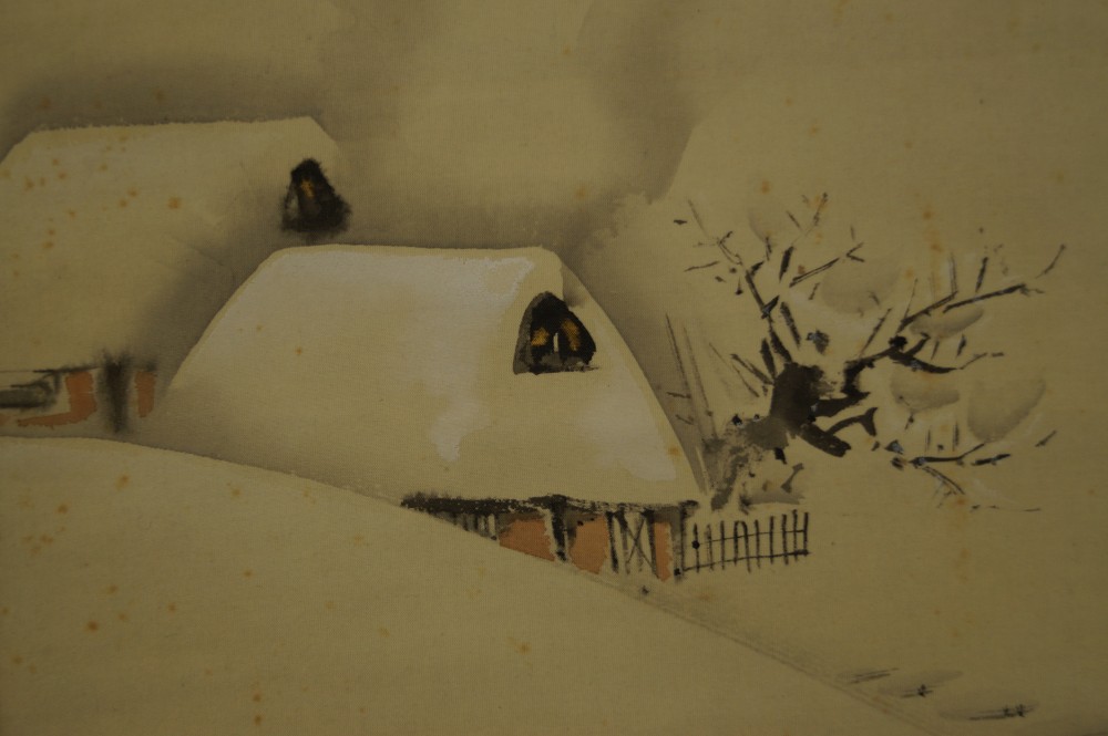 Japanisches Rollbild Schneelandschaft Haus Motiv Nahaufnahme 2