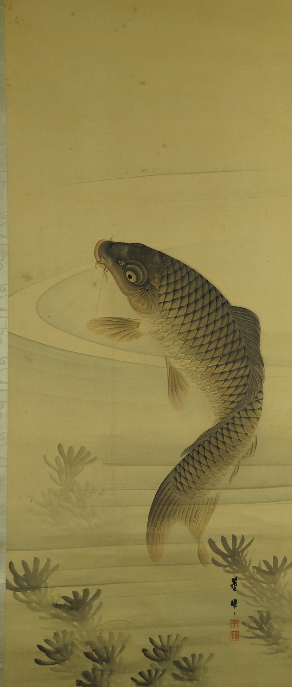 Full motif of the jumping carp with water plants and signature without mounting
