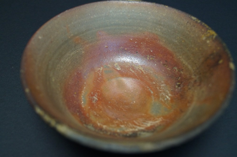 Tea bowl chawan made of Bizen ware interior view close-up