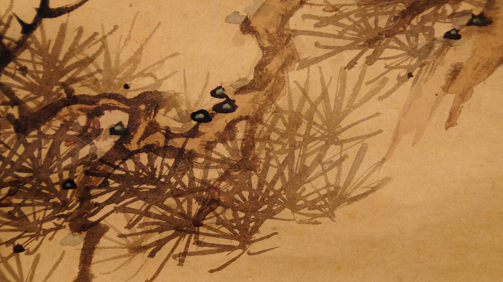 Close-up of the moss-covered pine root and rock on the Kakemono by Murata Toho