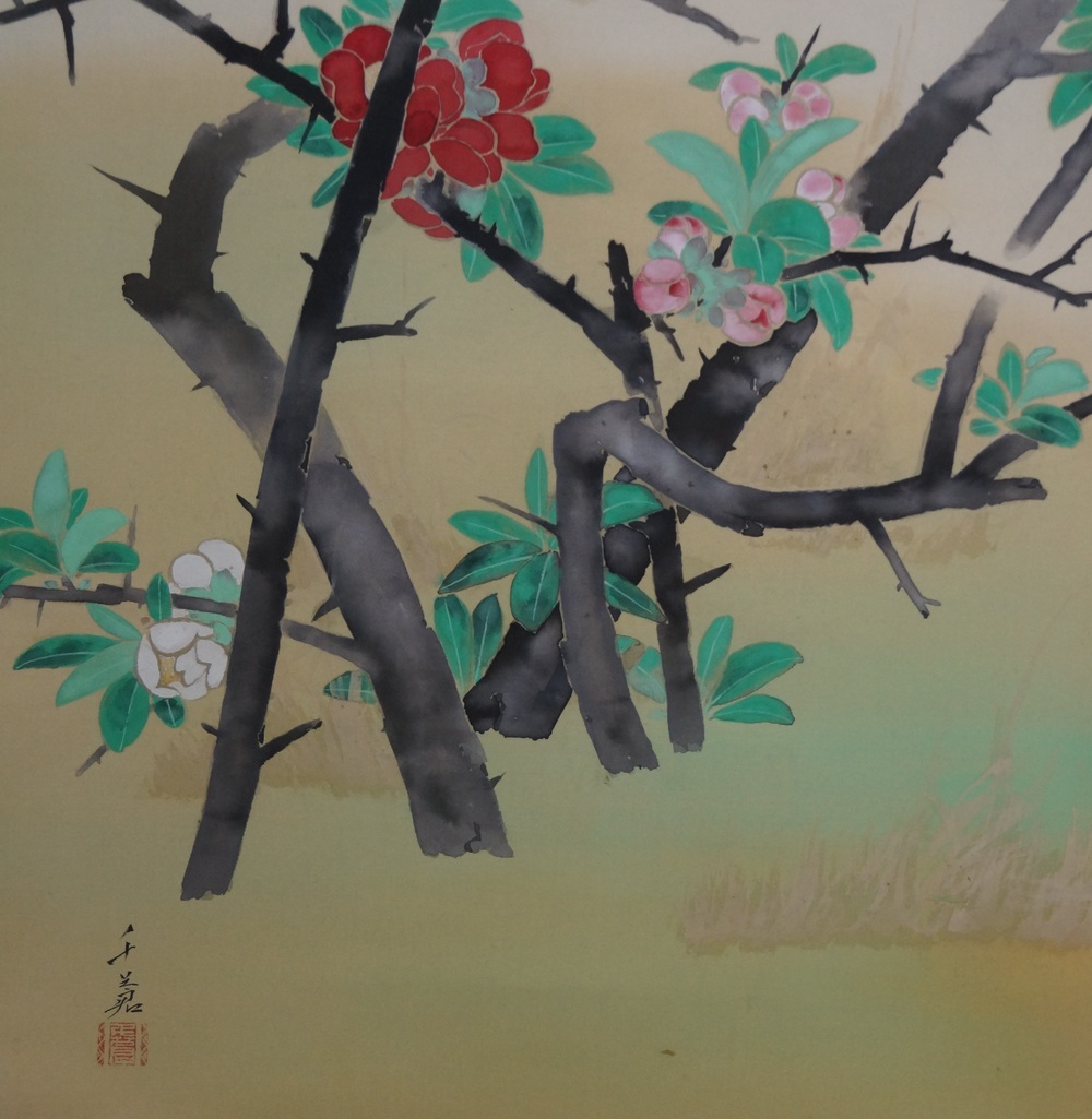 Zwei vögel am Rosenstrauch - Japanisches Rollgemälde (Kakejiku)