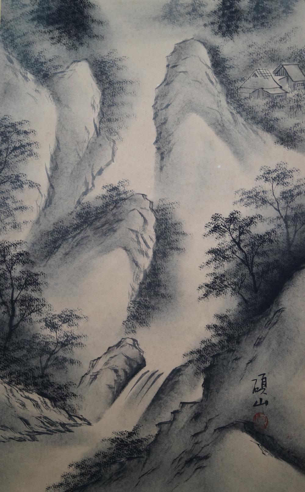 Landscape with Mountain Huts in Fog Close-Up of the Central Rock Peaks with Waterfall and Signature Landscape Close-Up 2