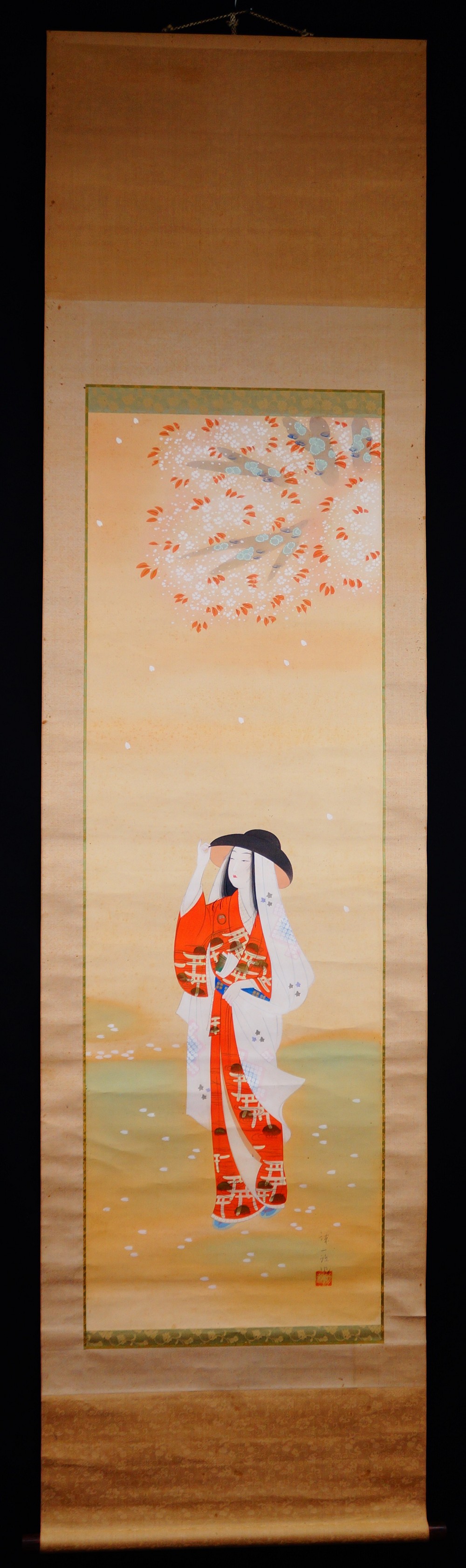 Under the Cherry Blossom Rain Kakemono by Sokan Full View Hanging Scroll