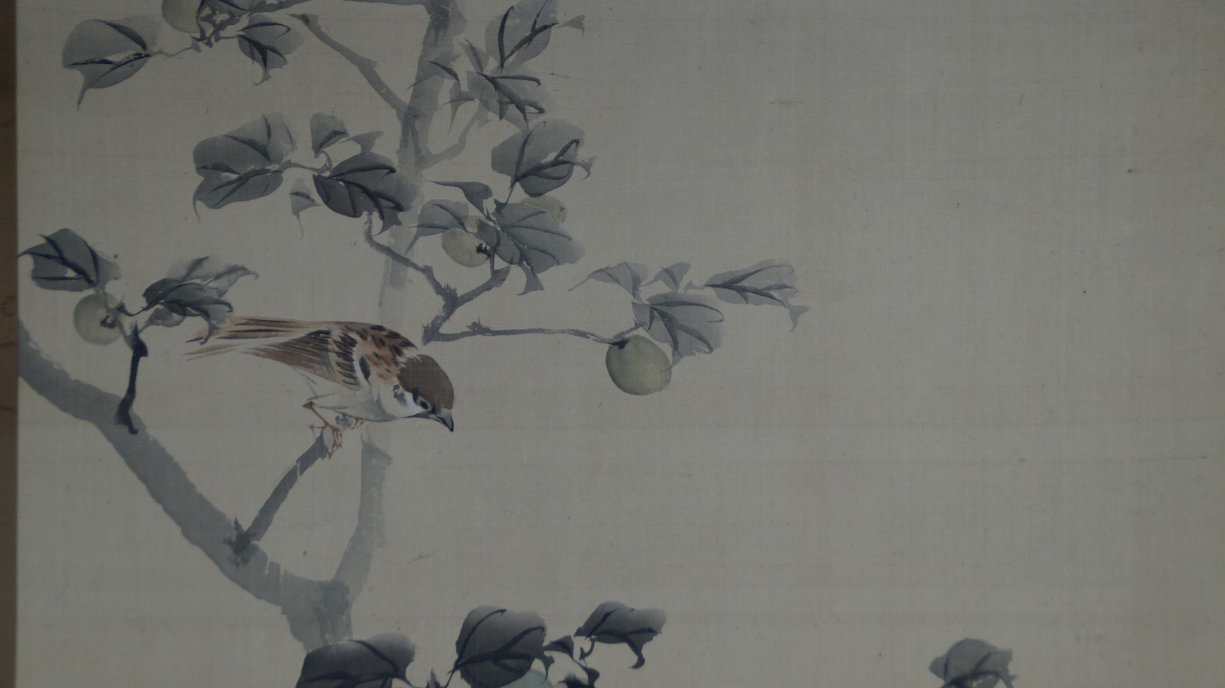 Close-up of a single sparrow on a branch of the persimmon tree in the hanging scroll Sparrows on Fruit Tree