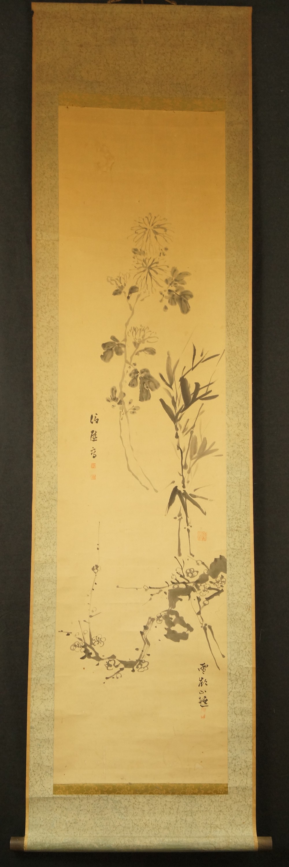 Bamboo Chrysanthemum and Sakura Hanging Scroll Full View