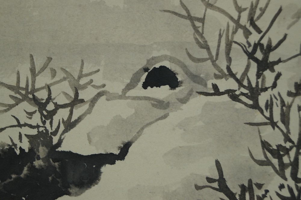 Landscape with pavilion and boat on the shore hanging scroll trees and hut close-up