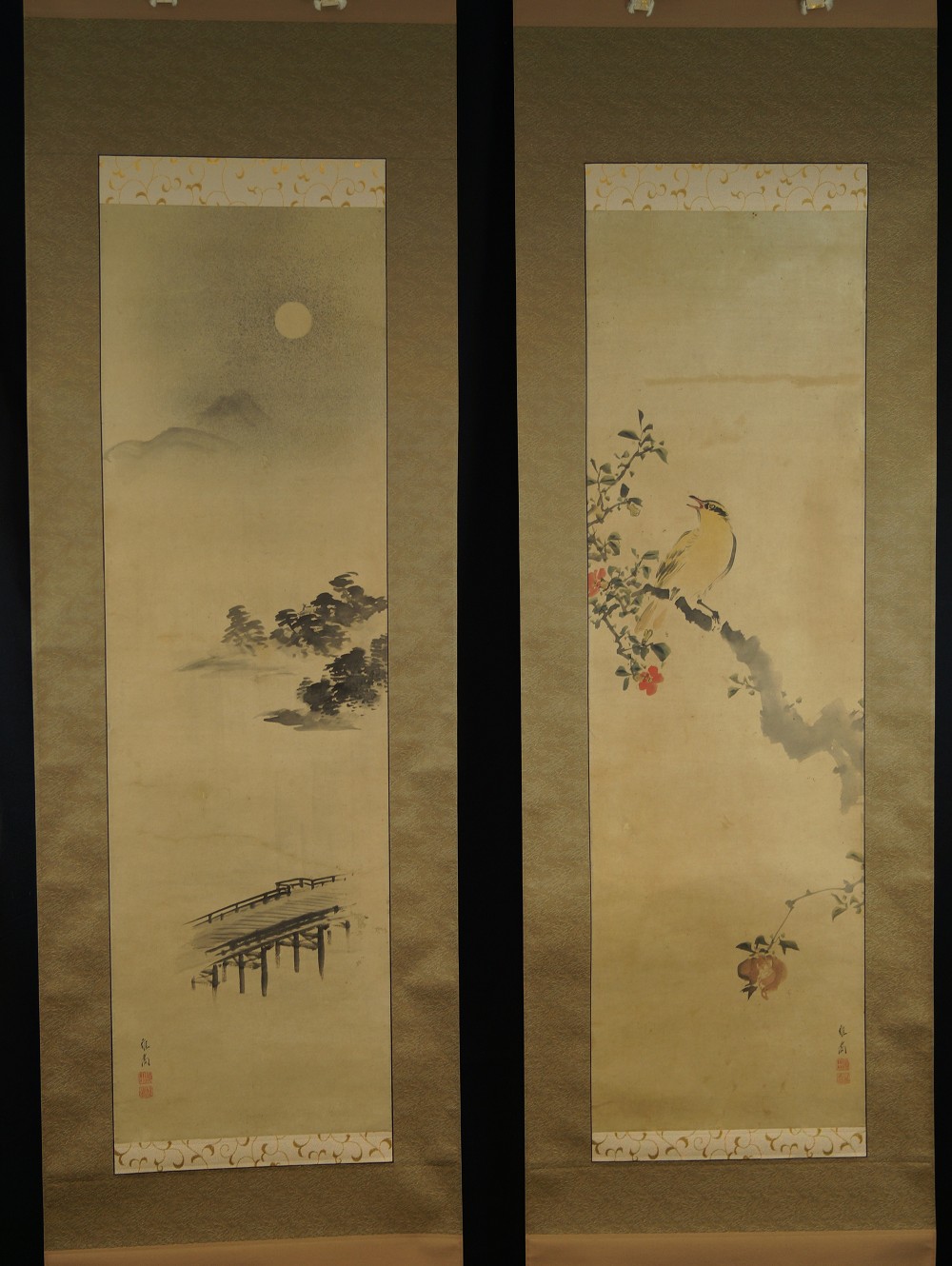 Japanisches Rollbild Set Vogel und Mondlandschaft Gesamtmotiv ohne Rahmung