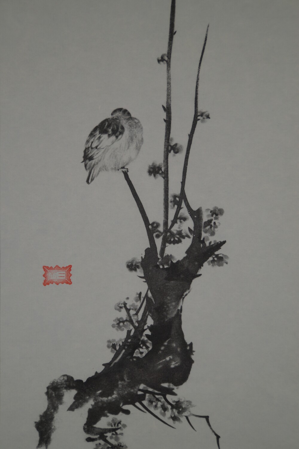 Close-Up of the Sparrow on the Gnarled Plum Trunk with Red Seal in the Sparrow Scroll of the Triptych After Miyamoto Musashi