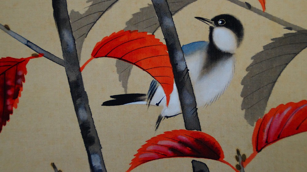 Autumn Wind in the Bamboo Grove Kakemono by Abe Kinshu Bird Motif Close-Up