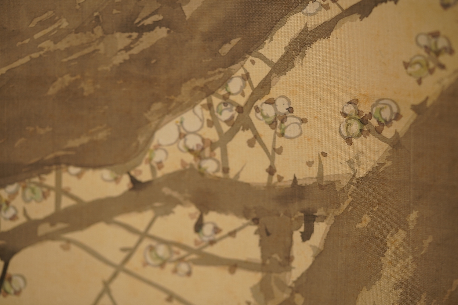 Further Detail View of the Silk Mounting with Fine Blossom Pattern of the Kakemono Songbird on Blossoming Plum Tree