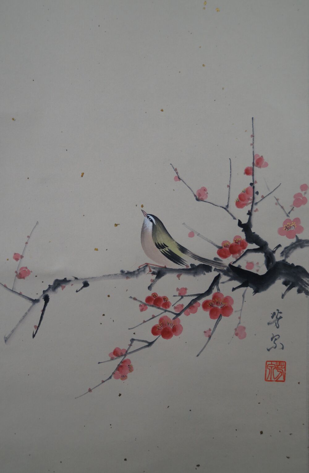 Full motif of the hanging scroll Pale Pink Plum Blossoms in Spring Light with poem inscription, bird and artist signature, without mounting